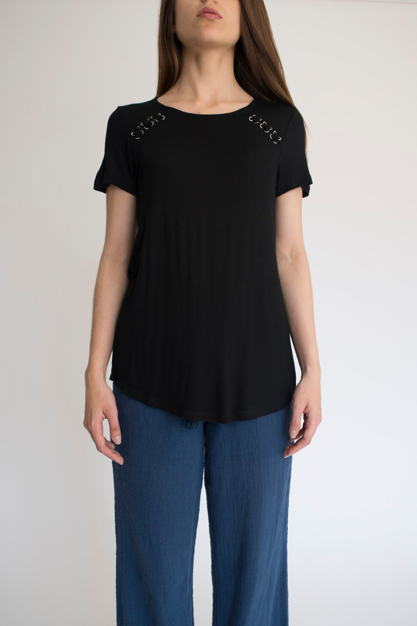 Round neck lace-up detail rayon top